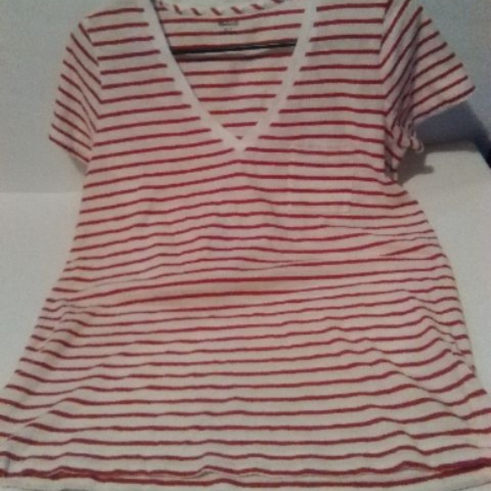 Madewell Red and White Striped V-Neck Tee